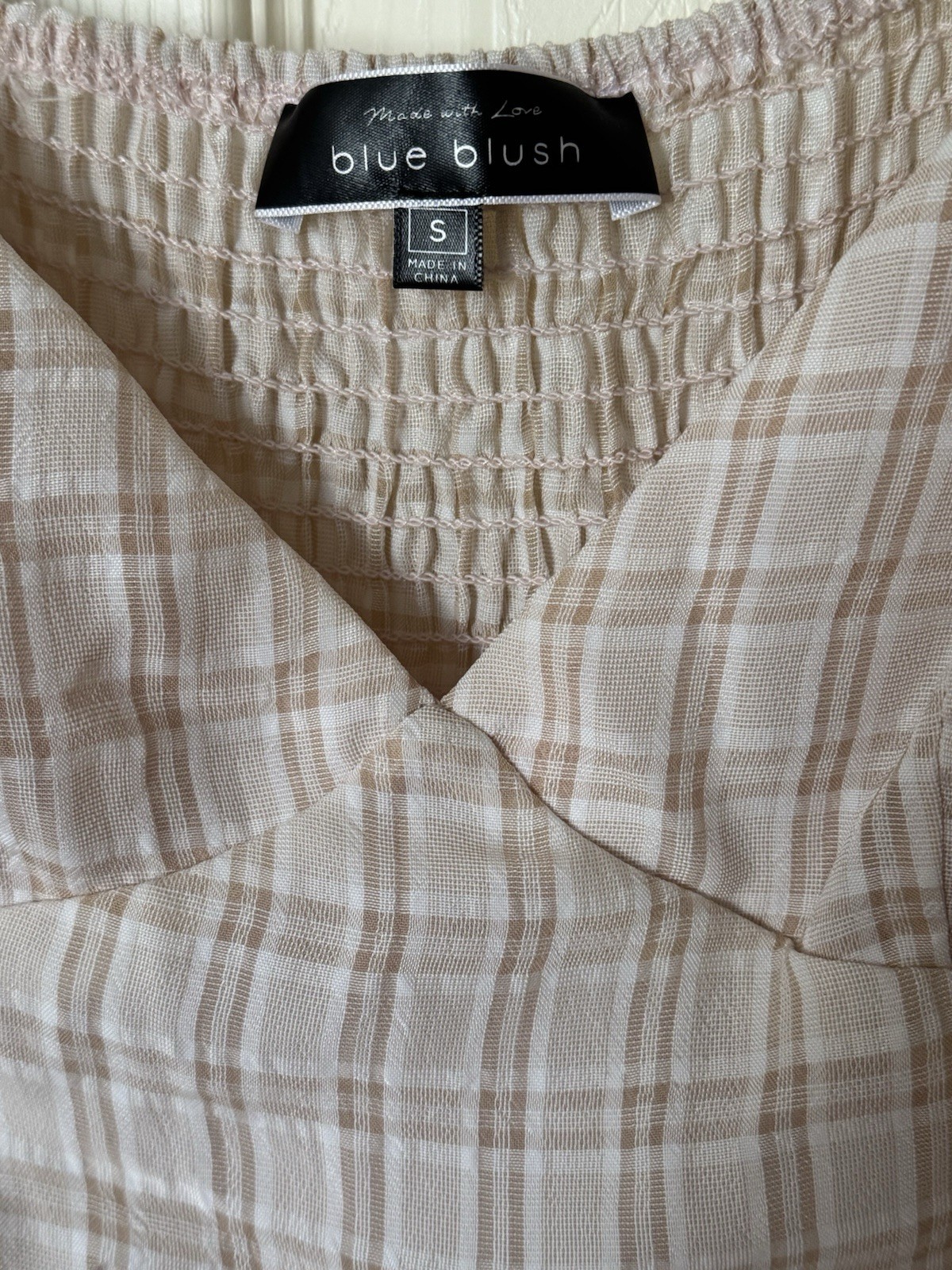 Blue Blush Beige White Plaid Puff Sleeve Smocked Short Sundress Sweetheart S