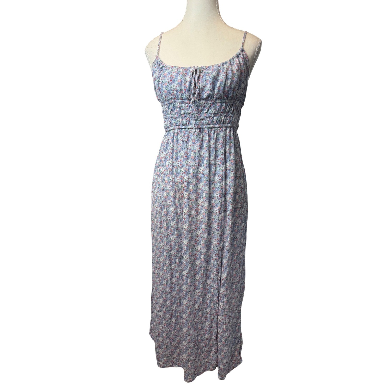 Aeropostale Large Blue Floral Smocked Maxi Dress Side Slit Cottage Trad Summer