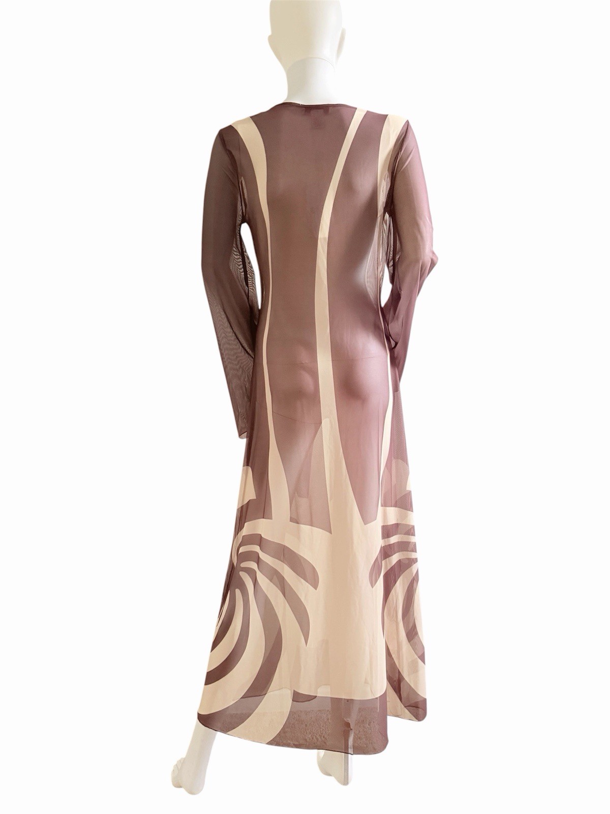 Caroline Constas XS Mesh Maxi Dress Brown Beige Abstract V-Neck Sheer Bell