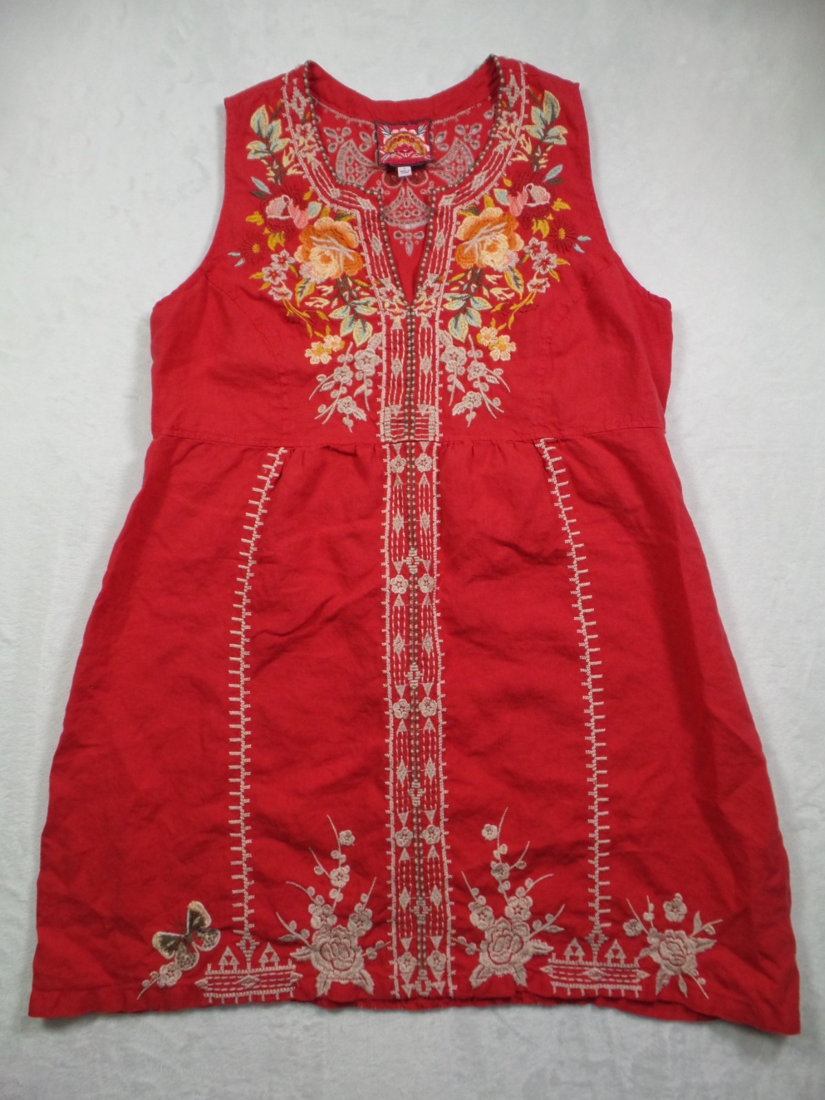 Johnny Was Dress Womens Size Large Red Floral 100% Linen Embroidered Eyelet