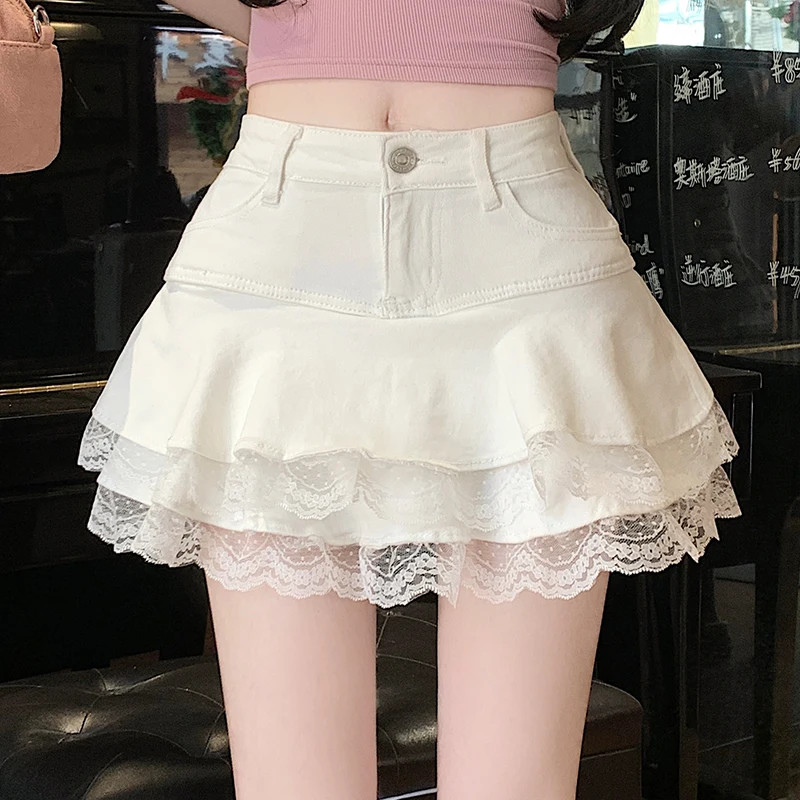 Sweet Lace Decorated Denim Cake Skirt Women’s High Waist A-Word Mini Skirt Women