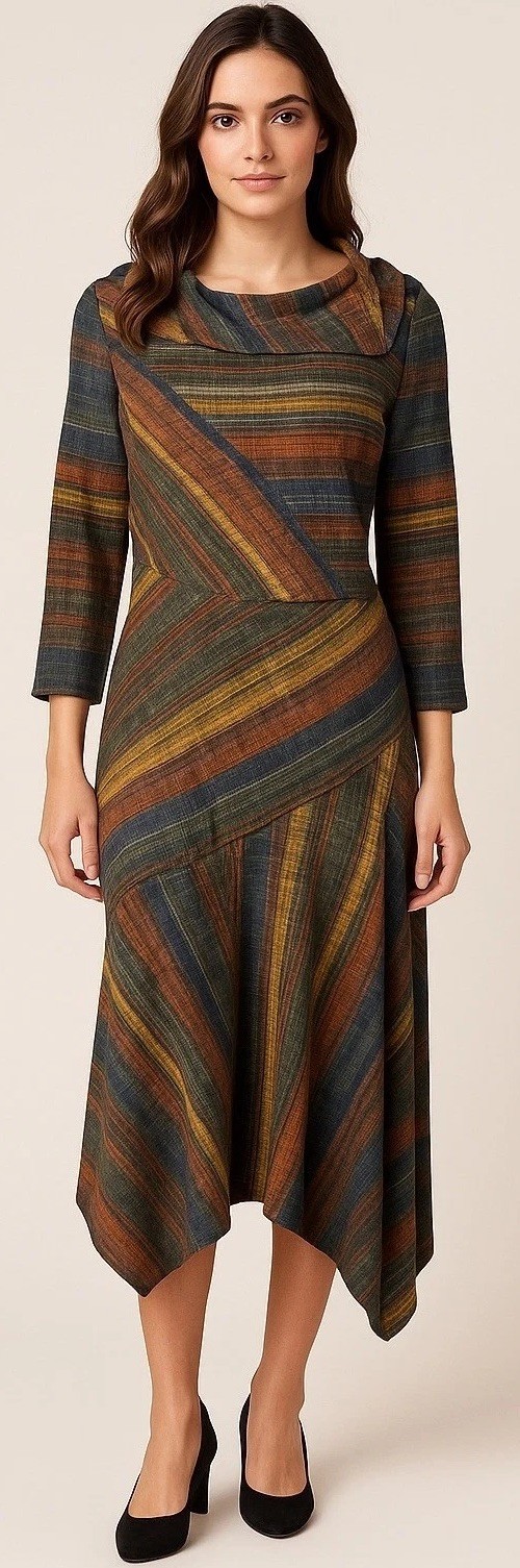 Danny and Nicole Dress Women 6 Brown Striped Asymmetrical Hem Midi Boho Preppy