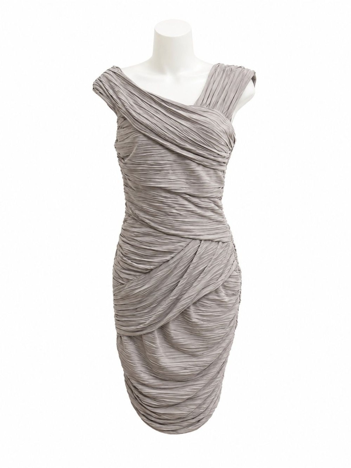 Nicole Miller Ruched Cocktail Dress Size 6 Taupe Silver Draped Sheath
