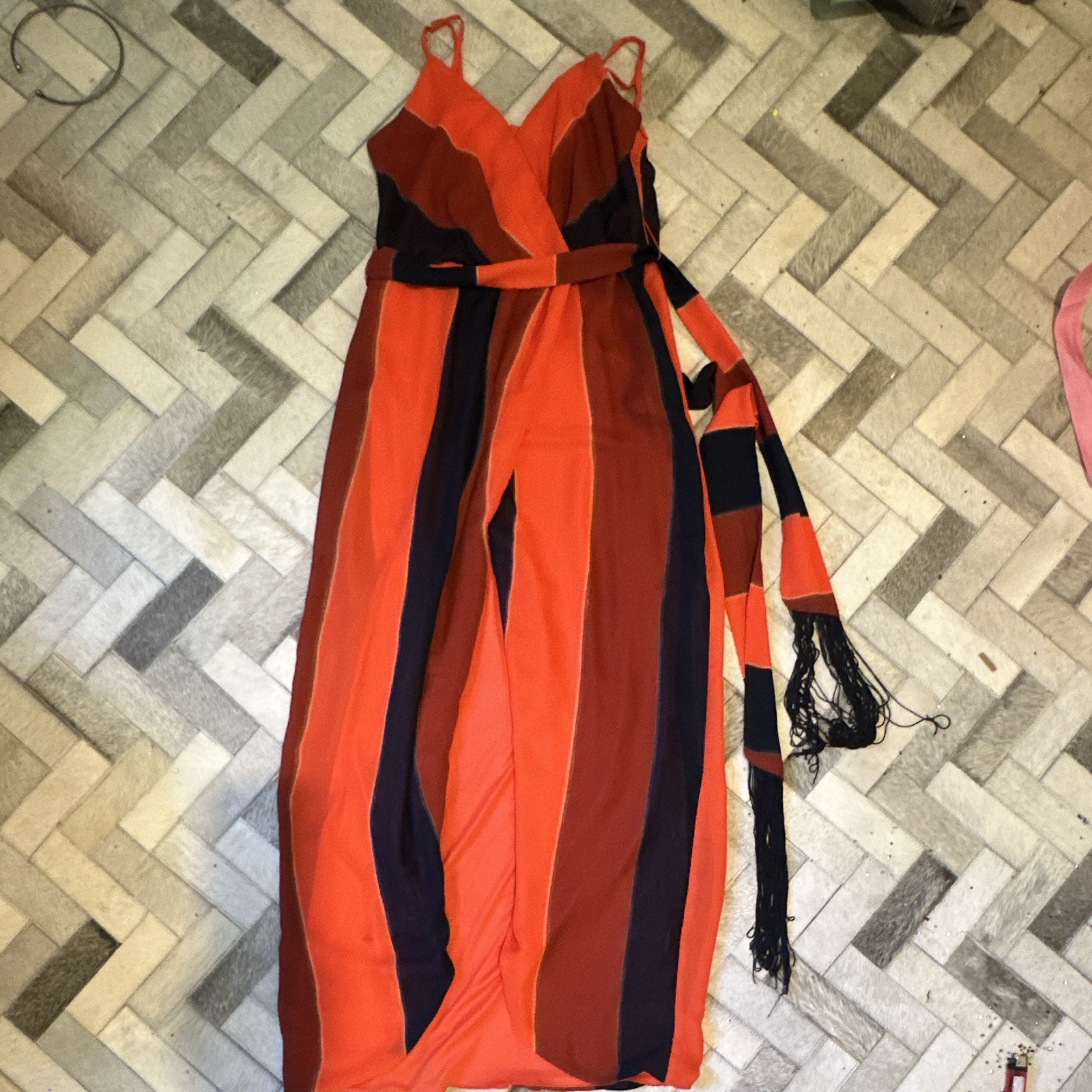 VTG Y2K Nicole Miller Mesh Overlay Maxi Dress Striped Orange Navy Faux Wrap sz10