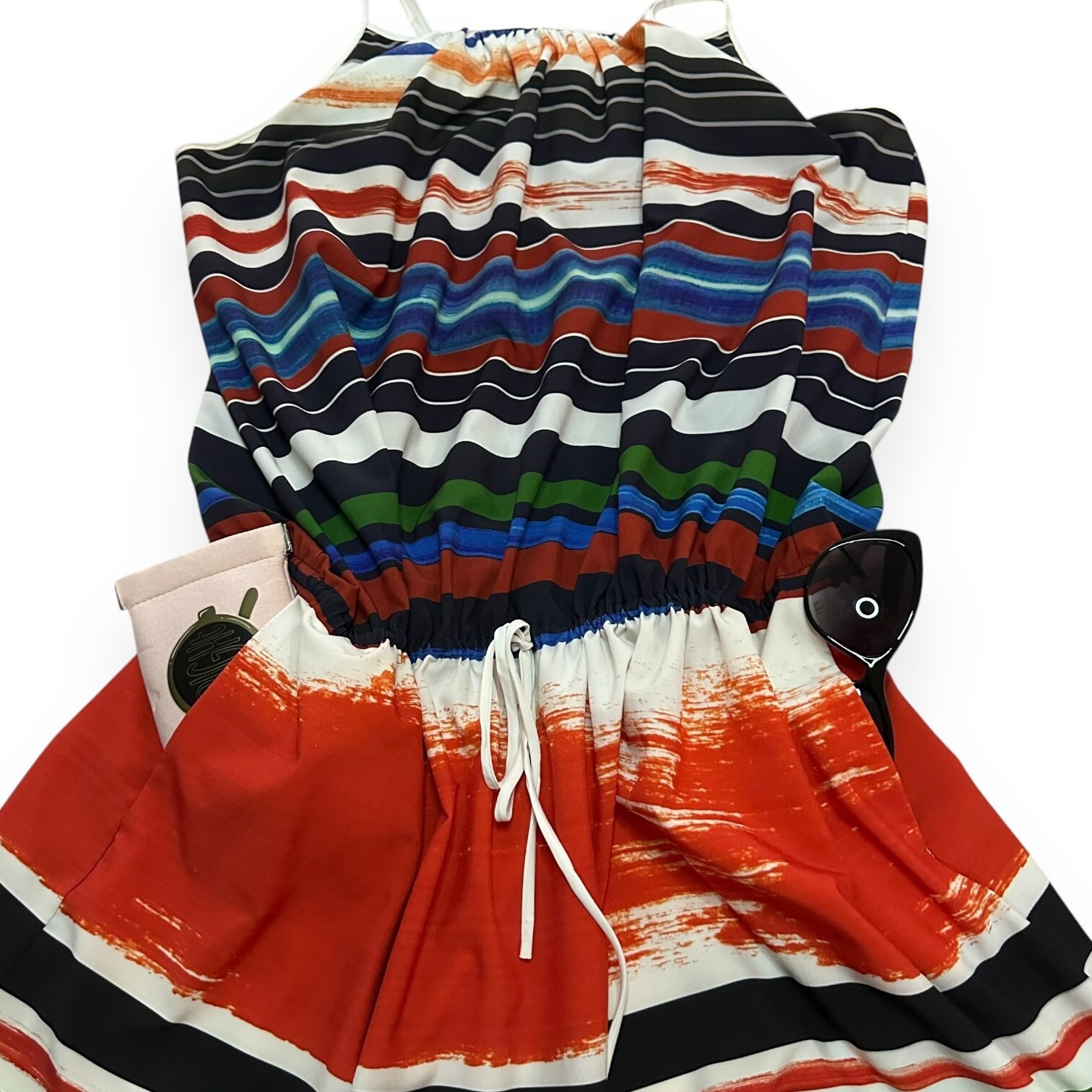CLOVER CANYON Stripe Spaghetti Strap Mini Dress Beach Tropical Blouson Sundress