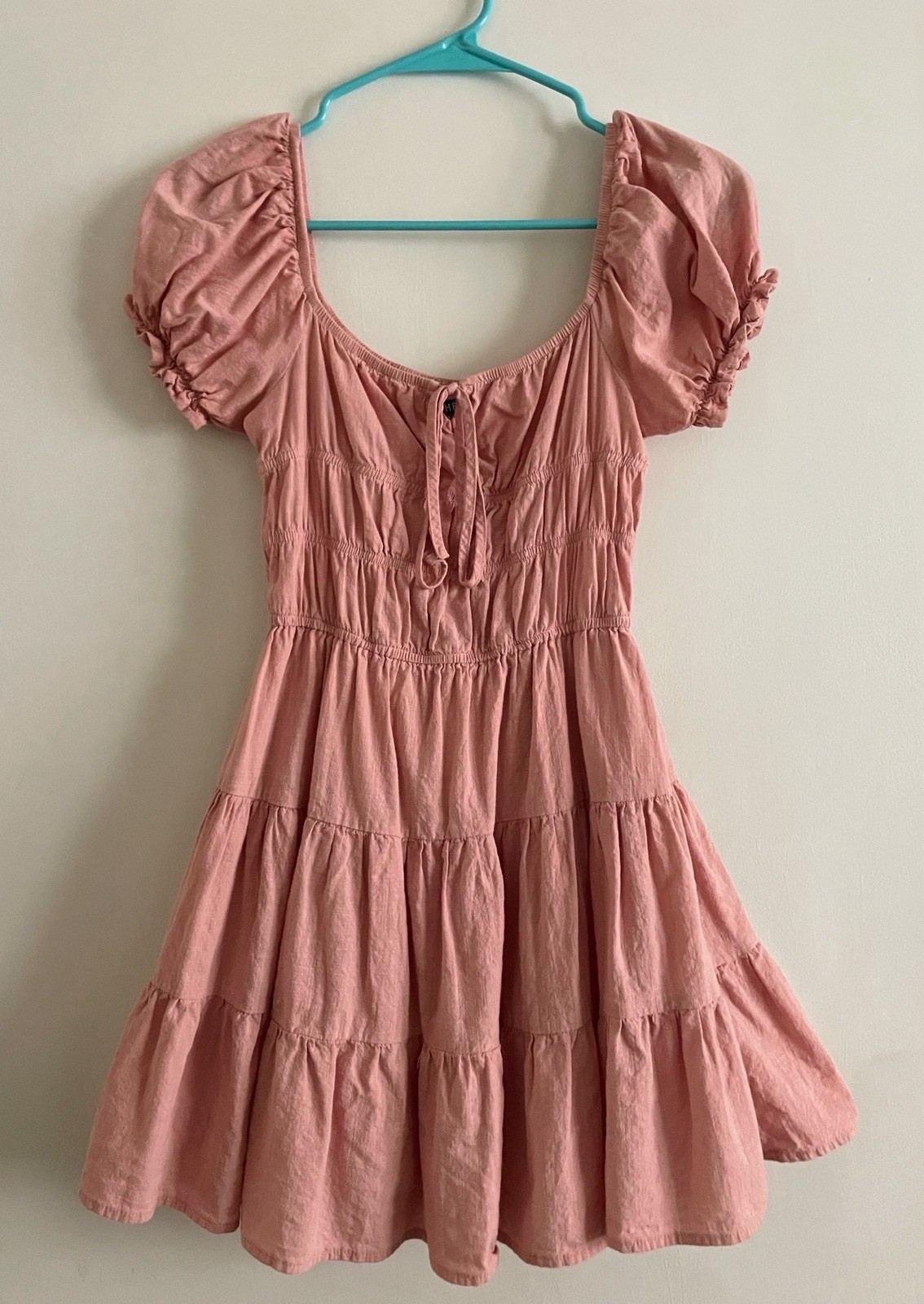 SHEIN Tie Neck Ruched Puff Sleeve Coral Pink Dress XS