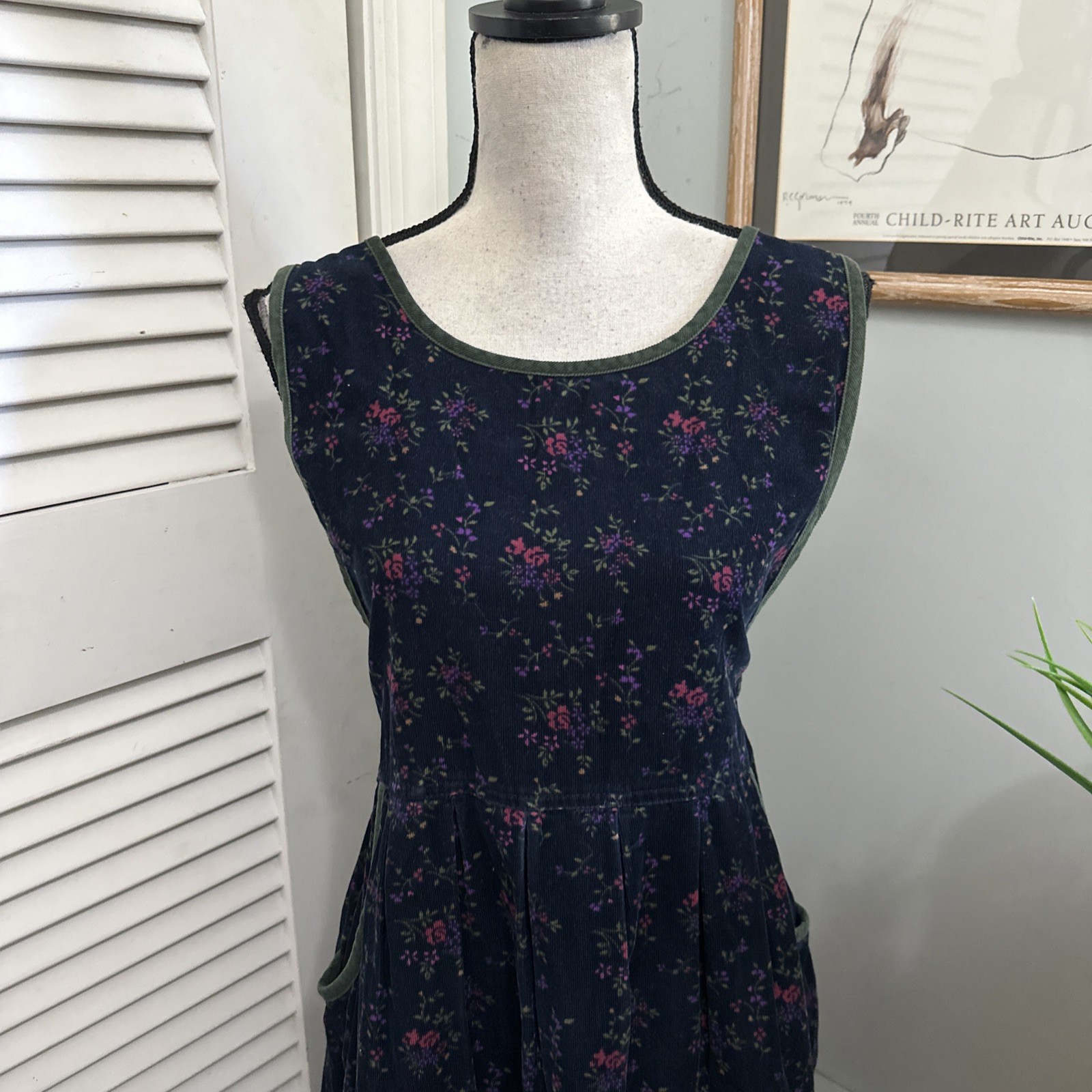 Vintage Erika & Co Overall Dress Medium Blue Corduroy Floral Midi 90s Boho Chic