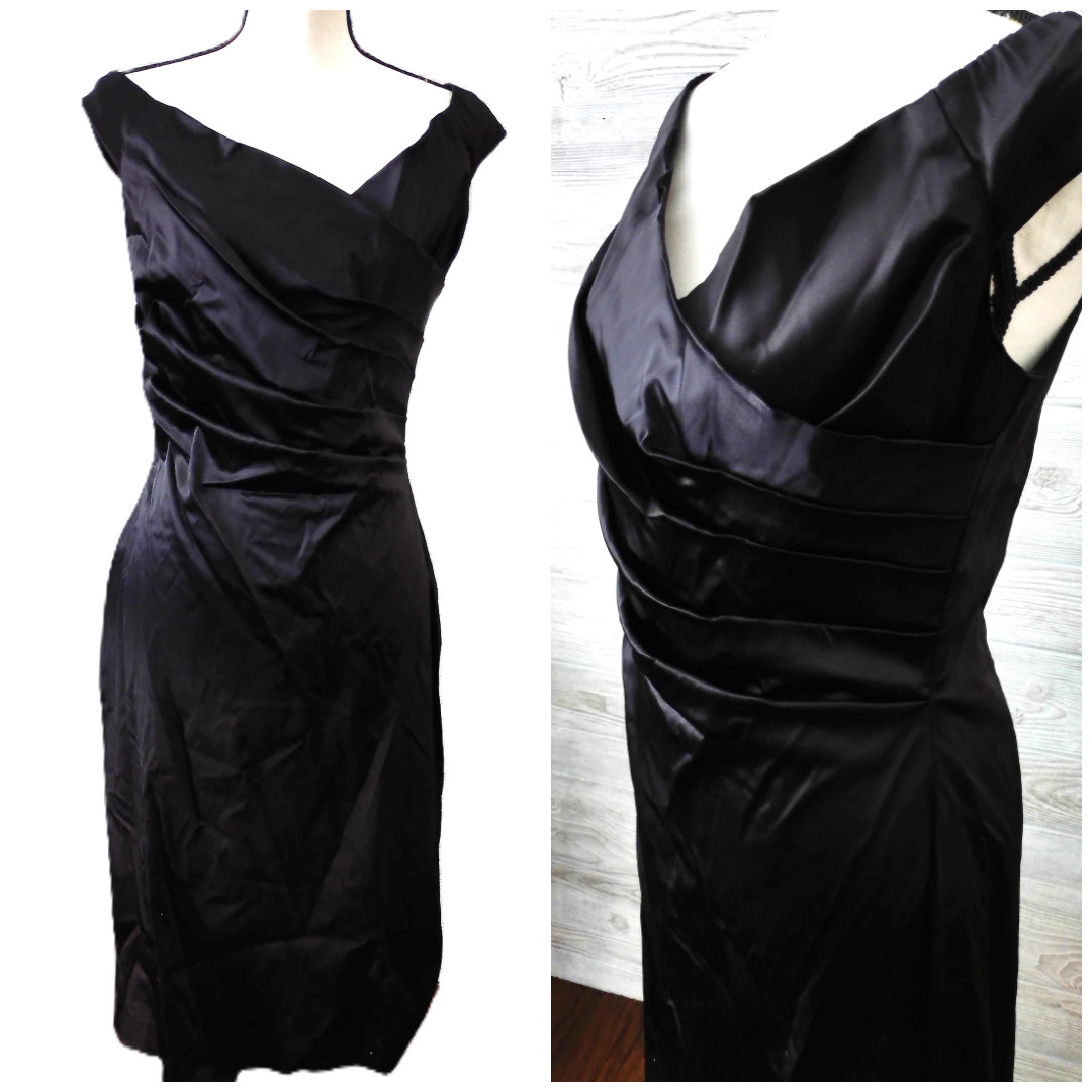 vtg Cache Midi Dress 8 Black Satin Big Pleat Folds Faux wrap off Shoulder Luxury