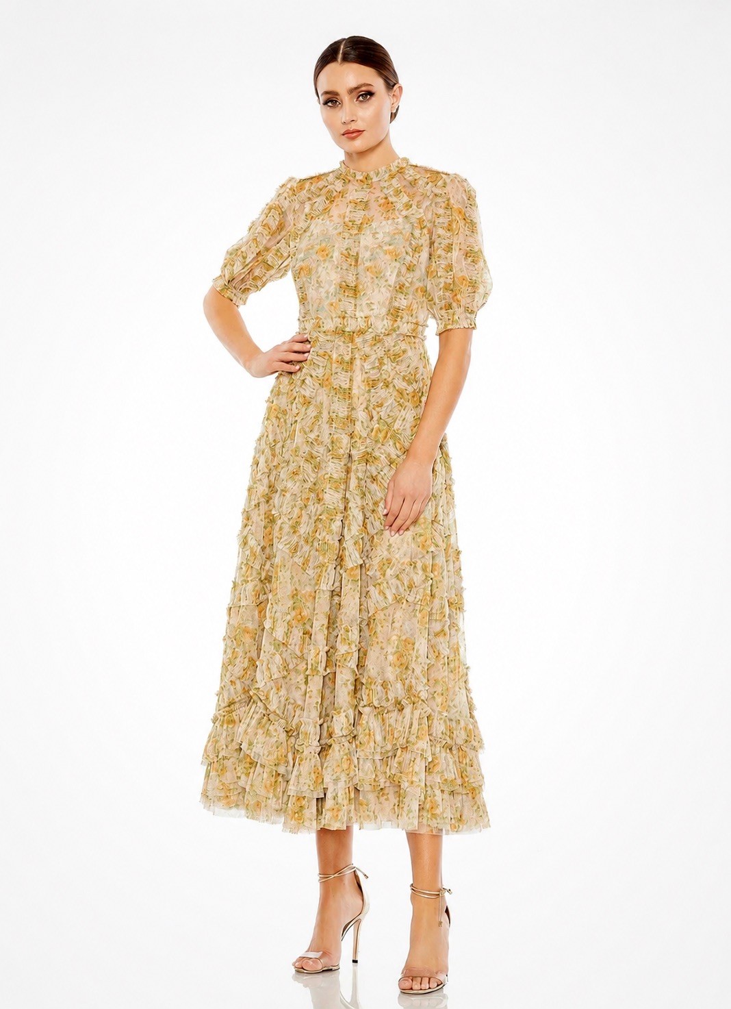 MAC DUGGAL Yellow Floral Mesh Puff Sleeve Boho Glam Sheer Dress Gown size 10