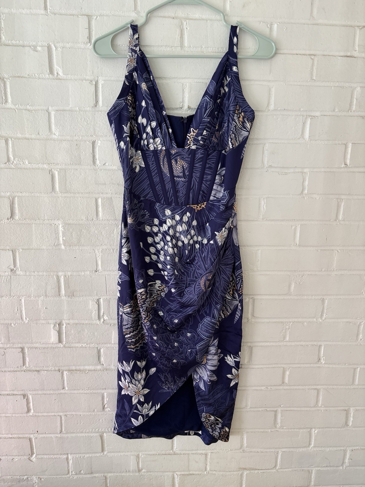 Averie Dani Draped Midi Dress Navy Blue Floral Fauna Print Corset Bustier Sz XS