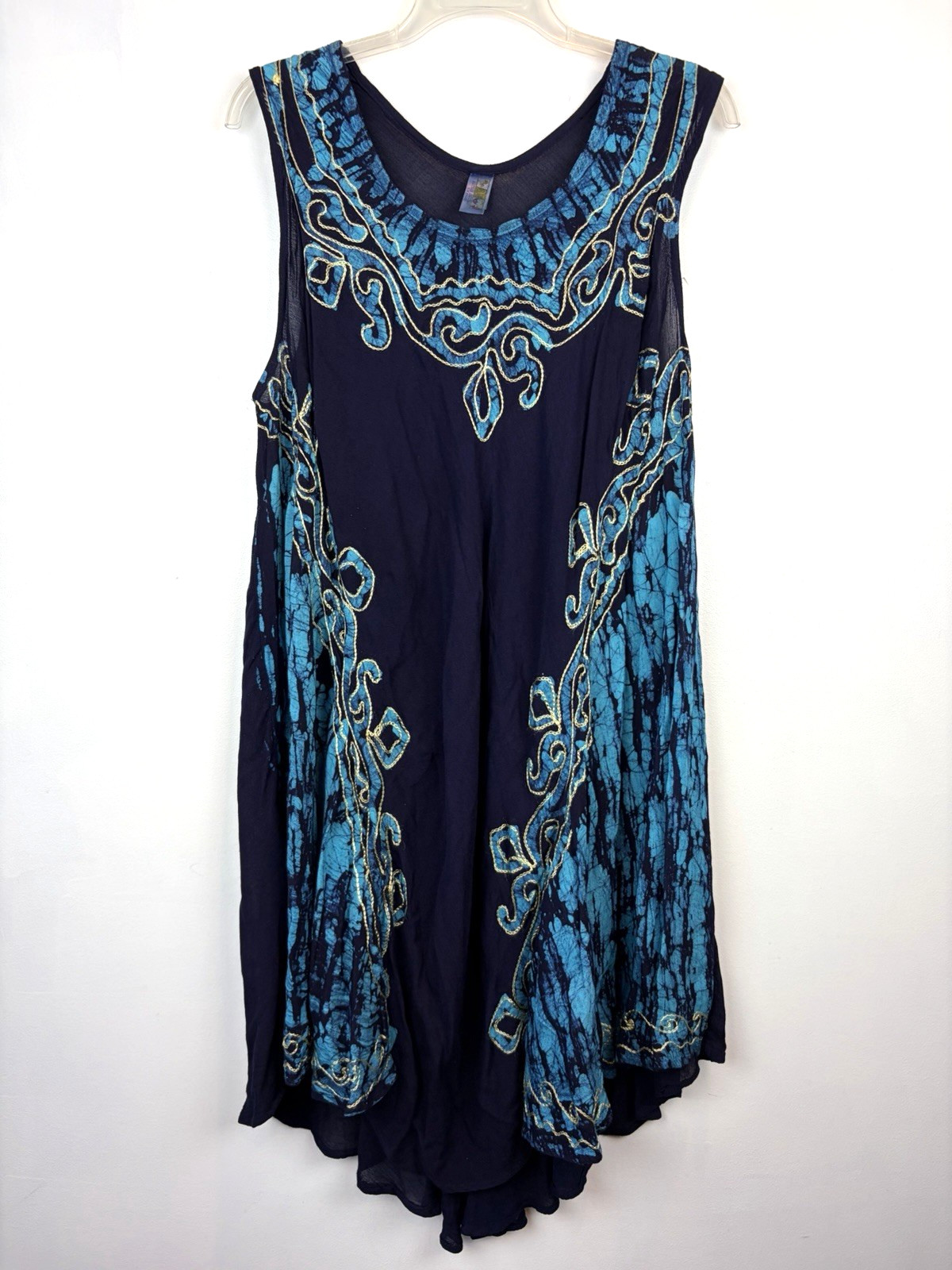 Tie Dye Boho Dress Womens One Size Blue Embroidered Fairy Hippie Midi Festival