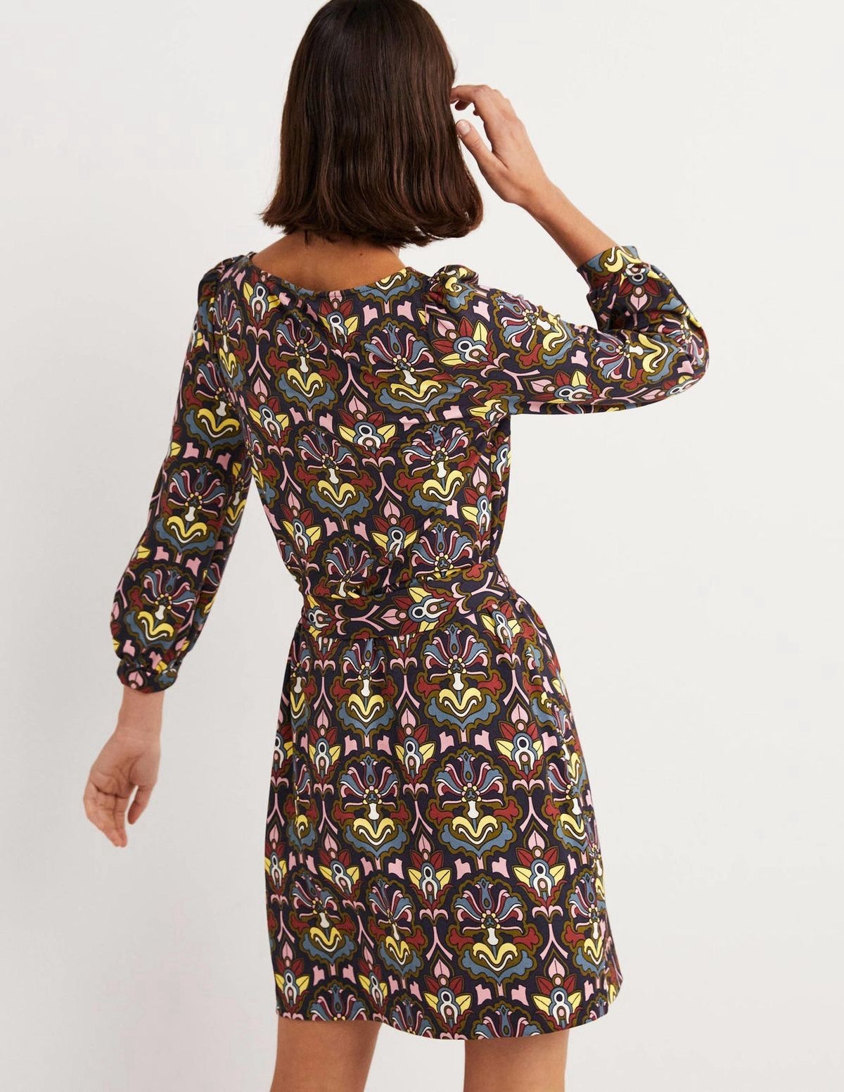 BODEN Tie Detail Jersey Shift Dress Size US 4R Multicolor Print