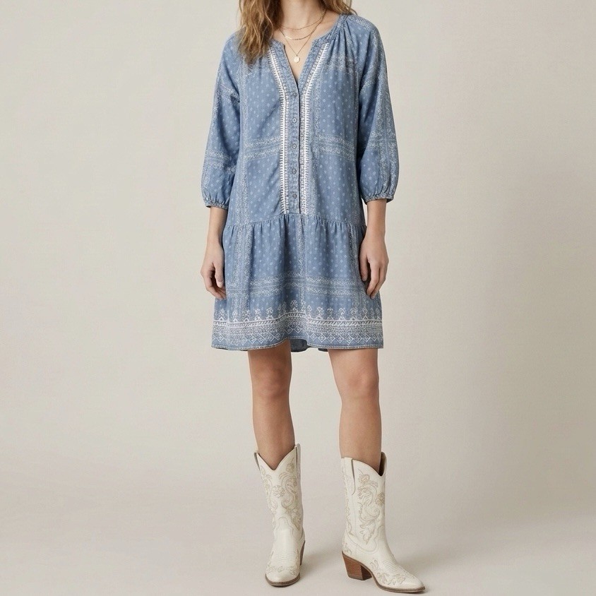 Chelsea & Violet Silk Chambray Shift Dress Embroidered V-Neck Slit Sleeve L