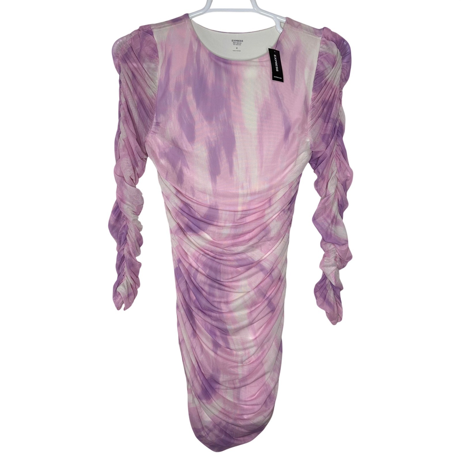Express Body Contour Dress Women’s Medium Ruched Tie Dye Pink Purple White NWT