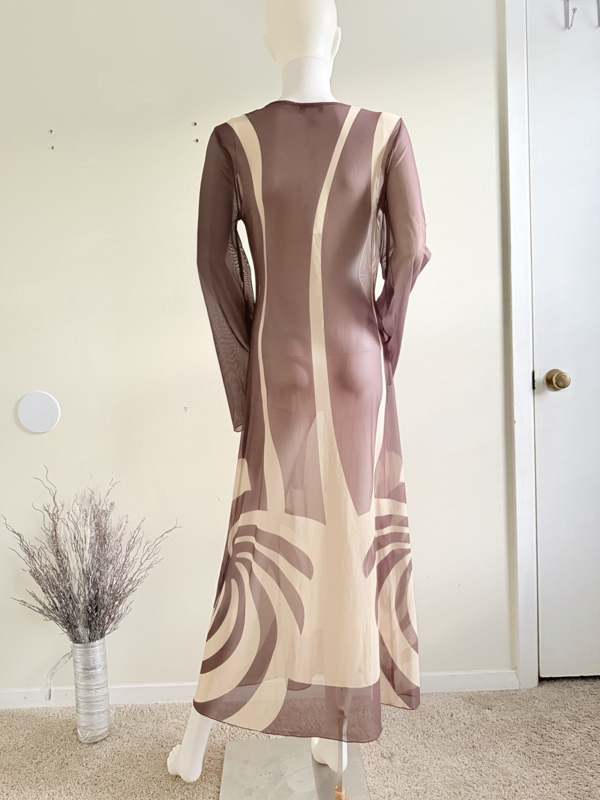 Caroline Constas XS Mesh Maxi Dress Brown Beige Abstract V-Neck Sheer Bell