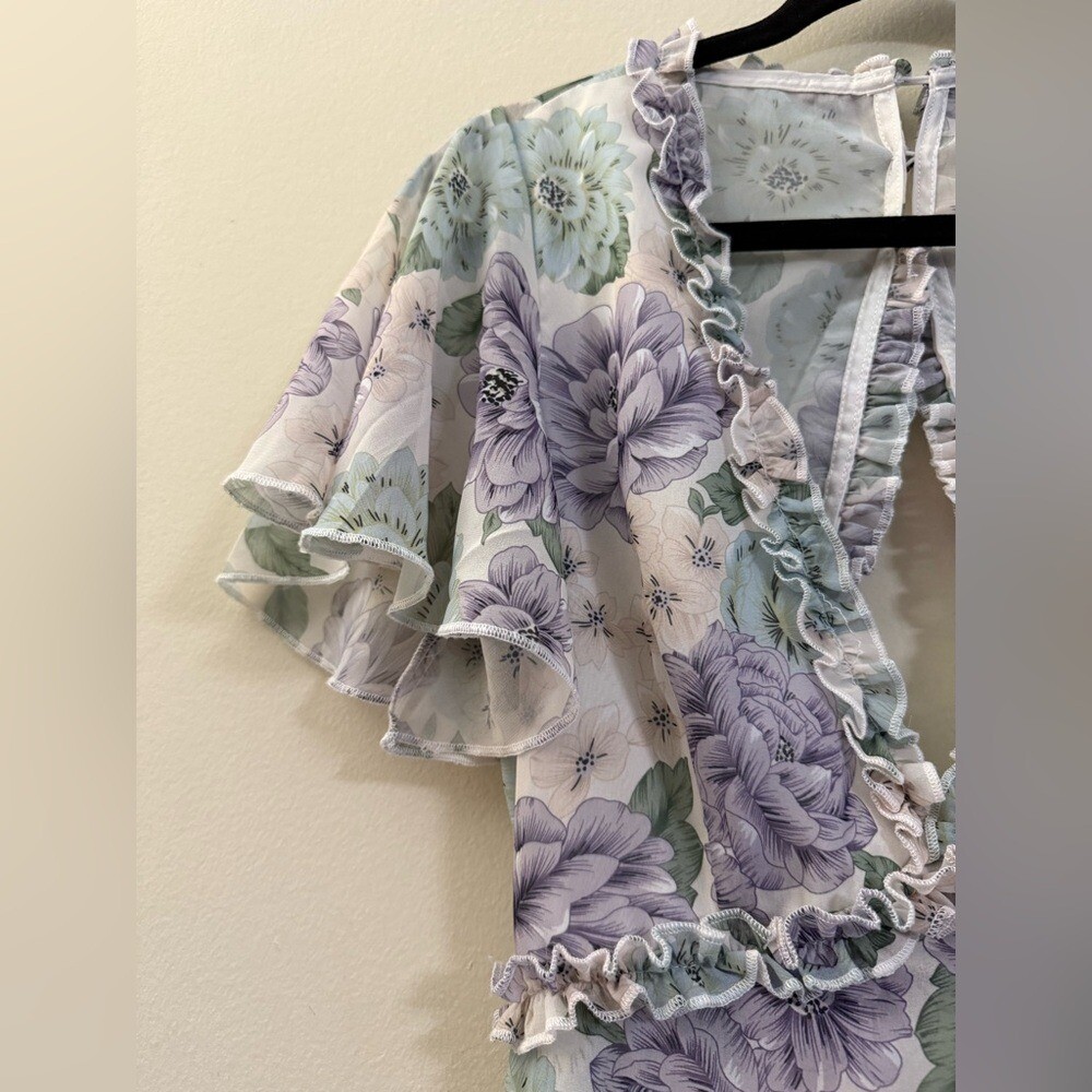 Saints + Secrets Floral Ruffle Open Back Mini Dress – S