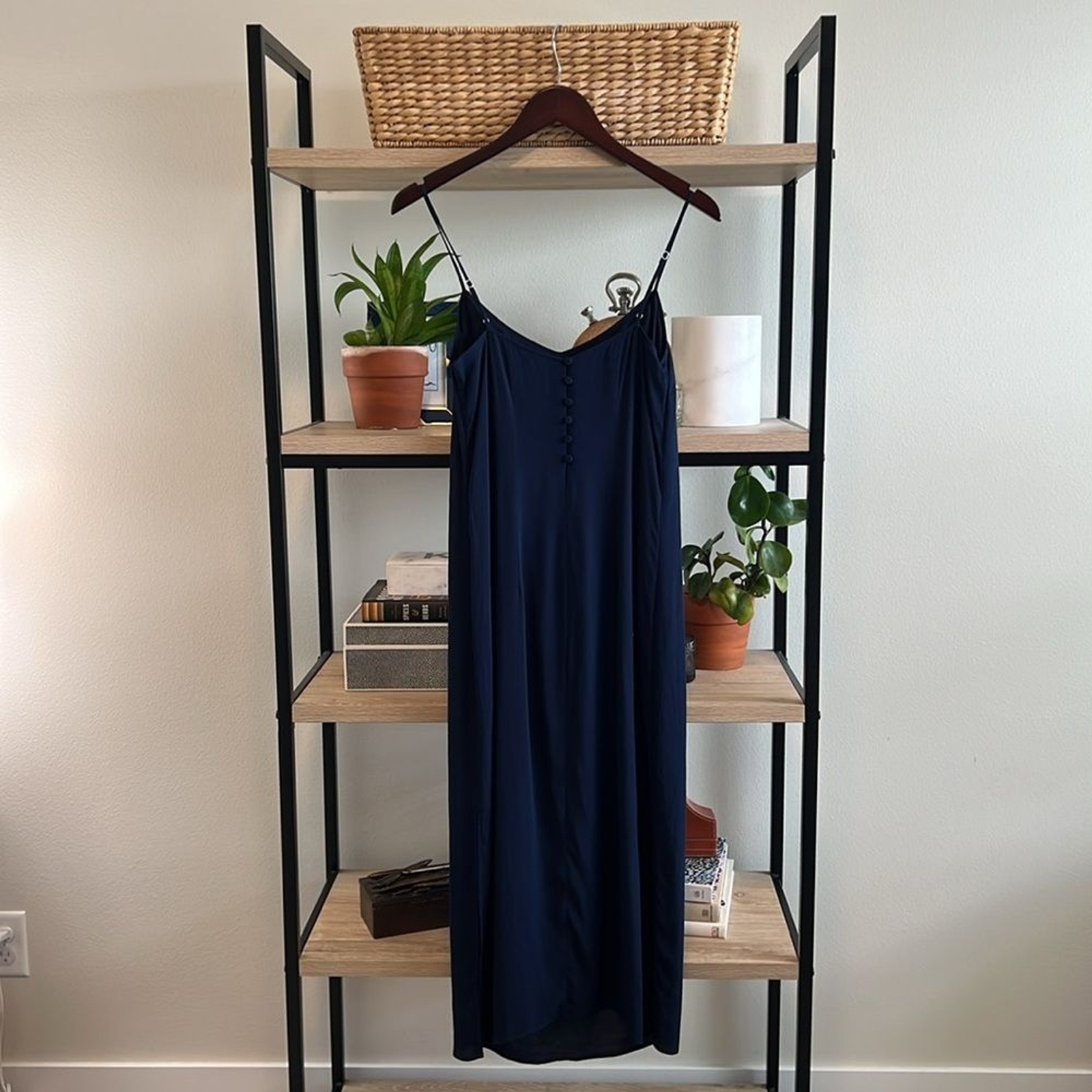 J.Crew Navy Button-Back Woven Crepe Slip Midi Dress, 0