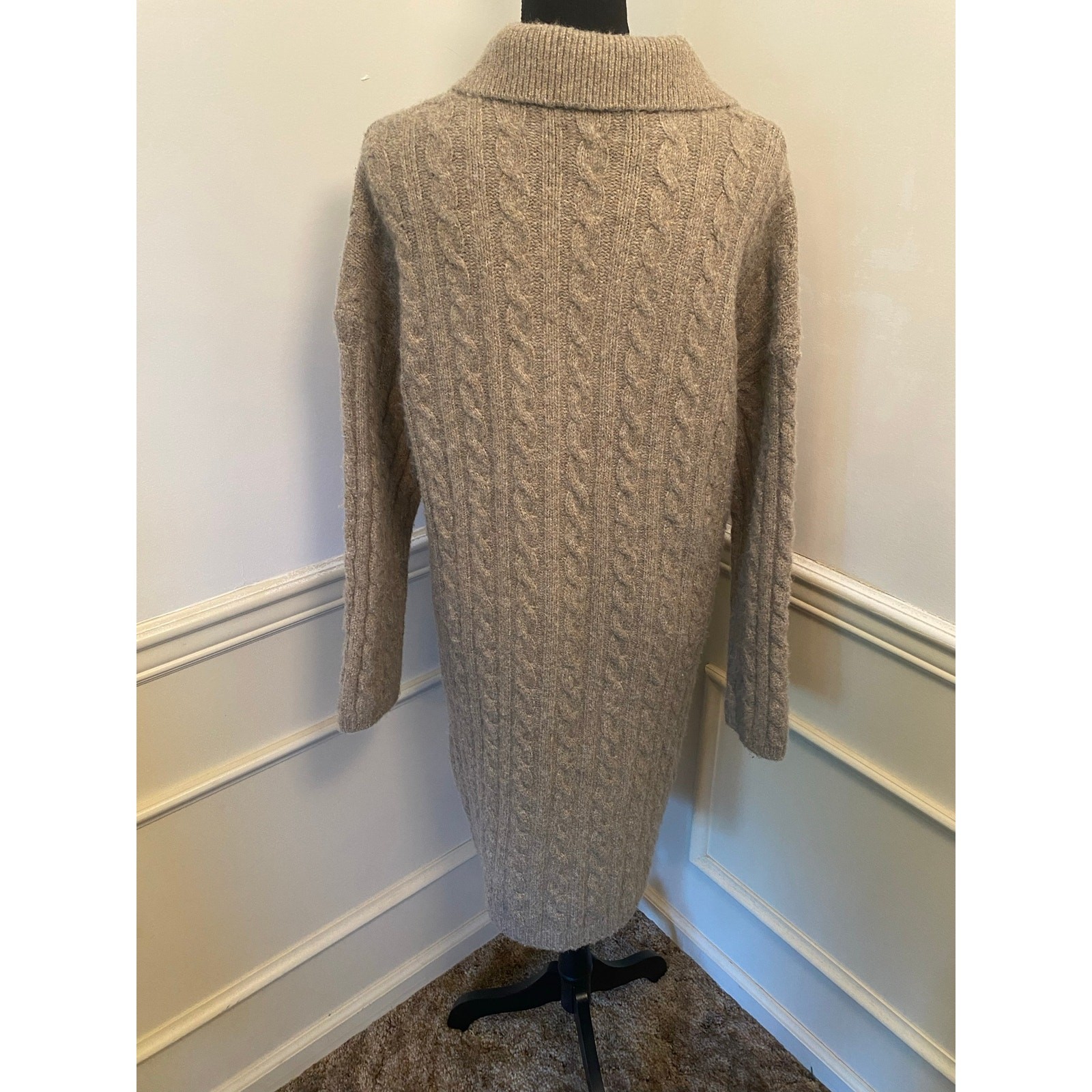 Magaschoni Cable Knit Polo Fold Over Collar Sweater Dress V Neck Quiet Luxury