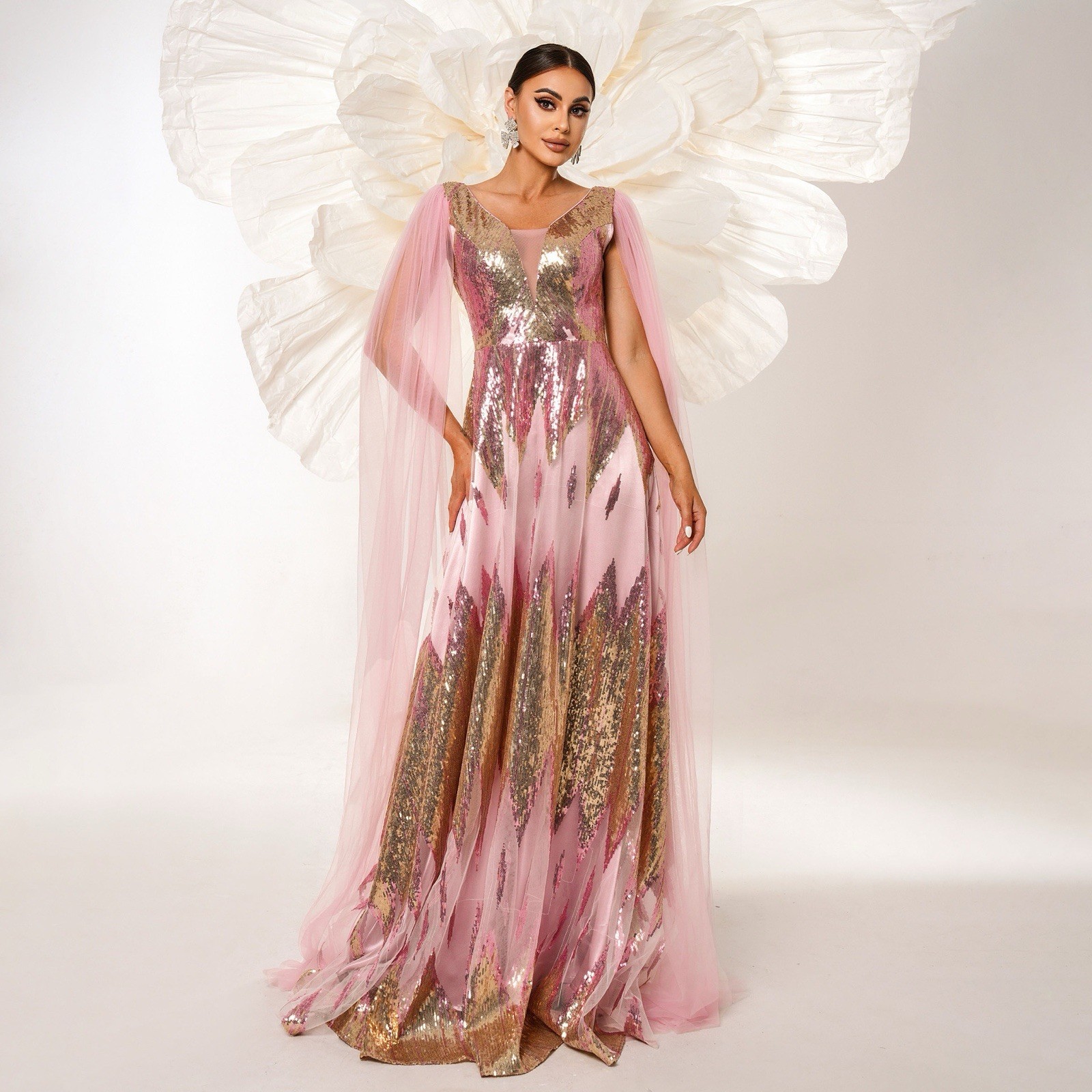 Missord Pink/Gold Sequin Mesh Sheer Overlay V-Neck Long Gown Dress L