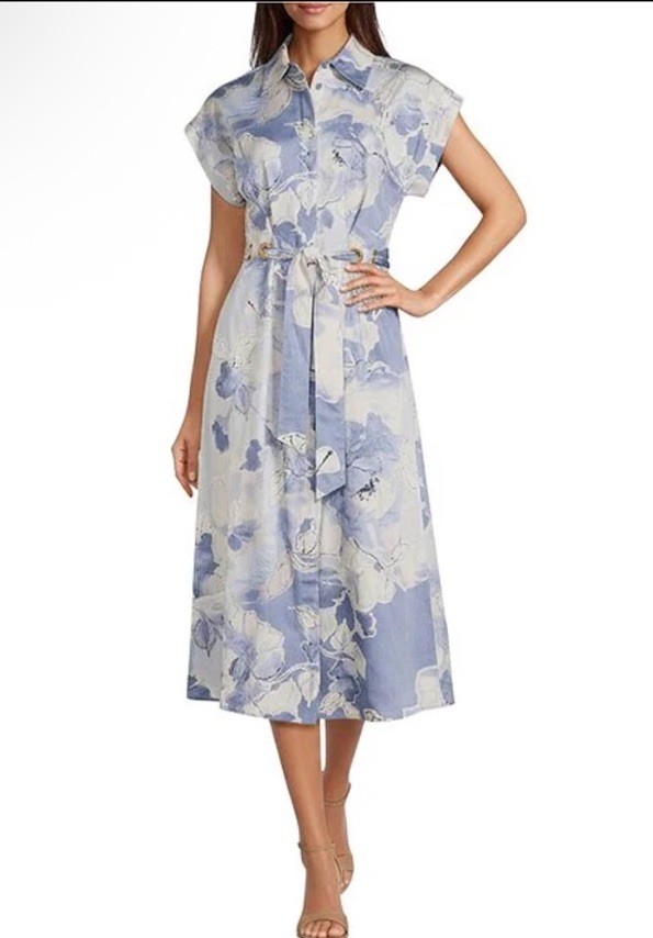 New Donna Karan Floral Print Cotton Sateen Midi Belted Shirt Dress Sz 10 $189
