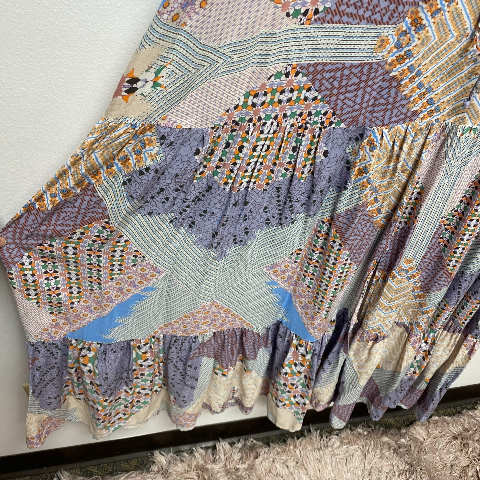 Jaase Womens Purple Beige Boho Patchwork V-Neck 3/4 Sleeve Tiered Maxi Dress XL