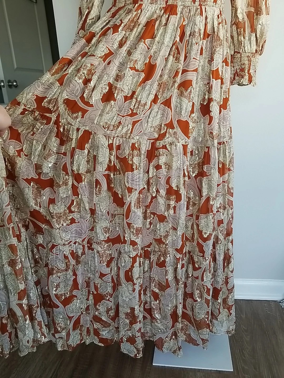 Boden Smocked Jacquard Maxi Dress Rust Copper Paisley Gold Metallic US 8 EUC