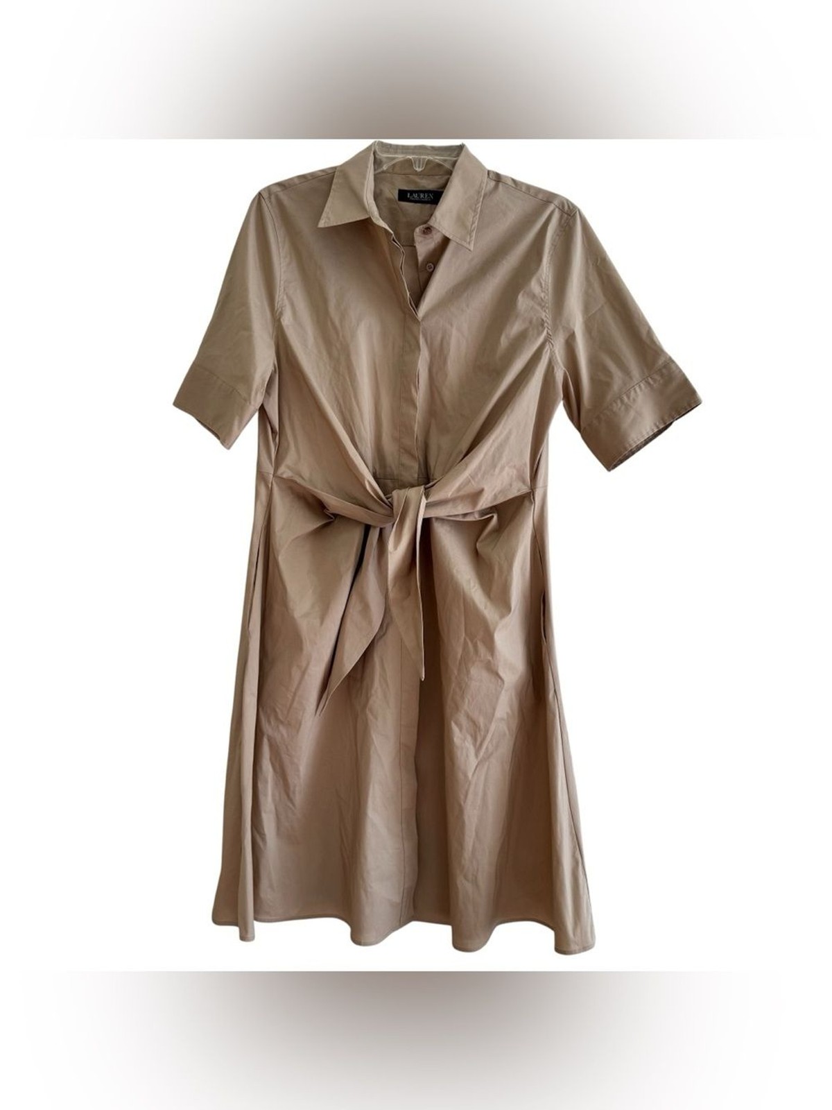 Ralph Lauren Beige Birch Tan Point Collar Shirt-Dress Tie Waist Minimalist 12P