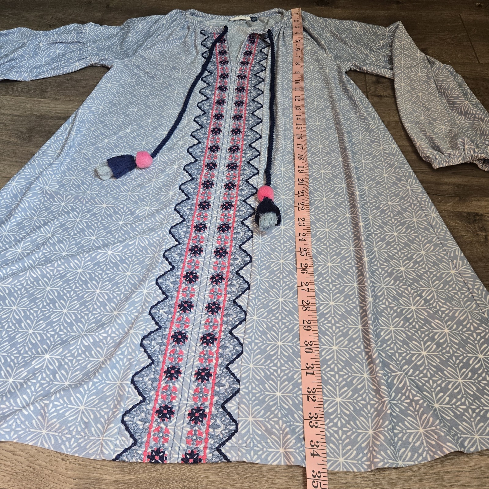 Cabana Life Embroidered Geometric Tassel UPF Dress Cover-Up Blue Pink Medium M