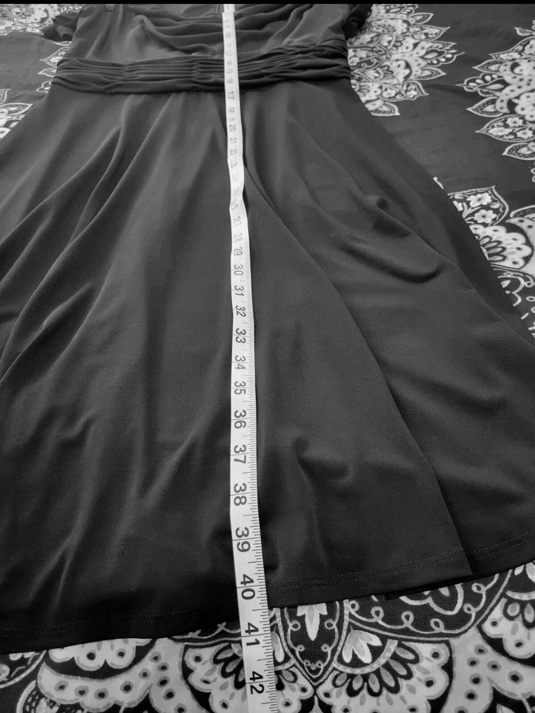 Laura Jeffries Black Drape Neck Dress Size 10 Ruched Waist Short Sleeve