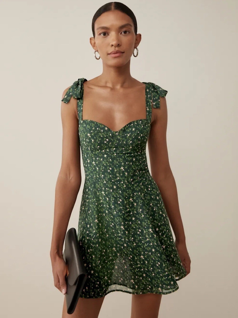 Reformation Niara Dress Green Floral summer Mini Sweetheart Neckline Tie Strap