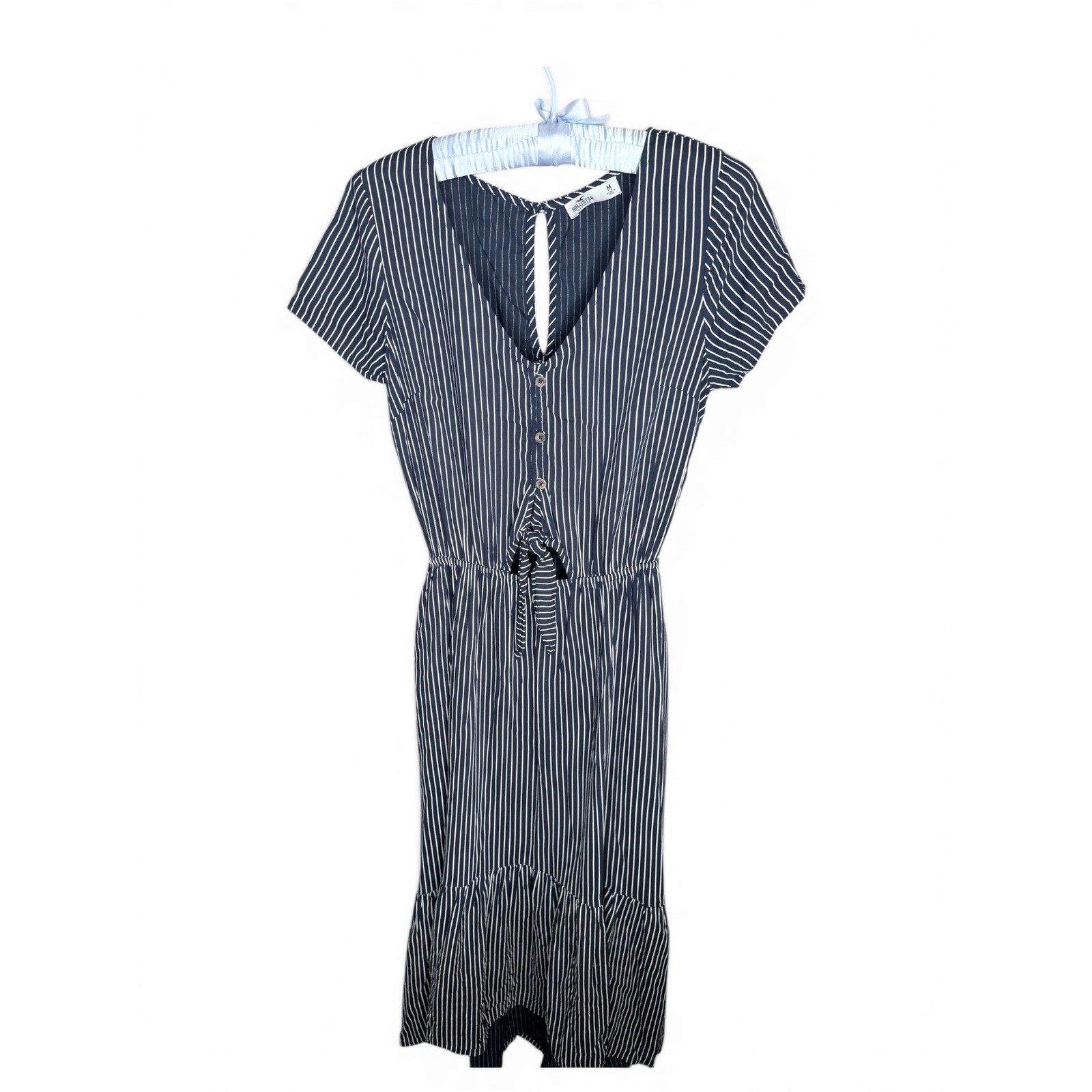 Hollister Navy White Pinstripe Midi Dress Tie Front Short Sleeve Womens Medium