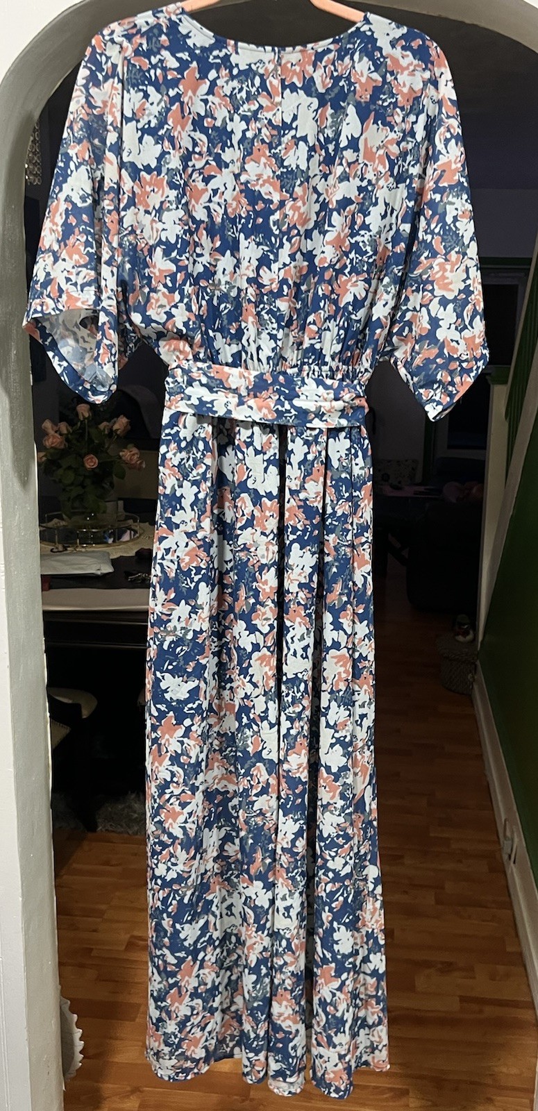 Anrabess XL Rose Floral Chiffon Half Sleeve Kaftan Party Dress Maxi Slit