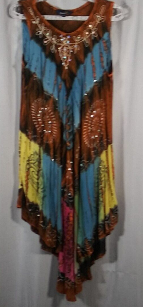 Klozlyne Kimono Dress Women 3X Plus Blue Green Beaded Coverup Multicolor Vintage