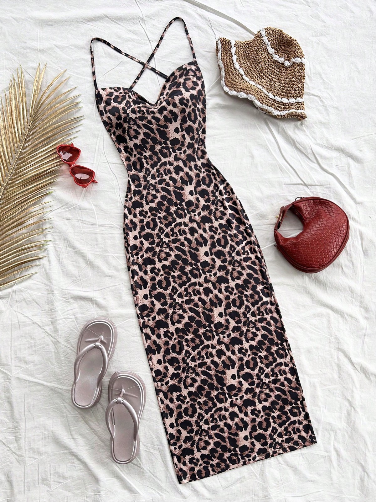 Romantic Leopard Print Spaghetti Straps Long Holiday Dress