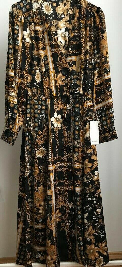 Zara Floral Scarf Print Button Up Chain Midi Dress Flowing XS New Boho Festival