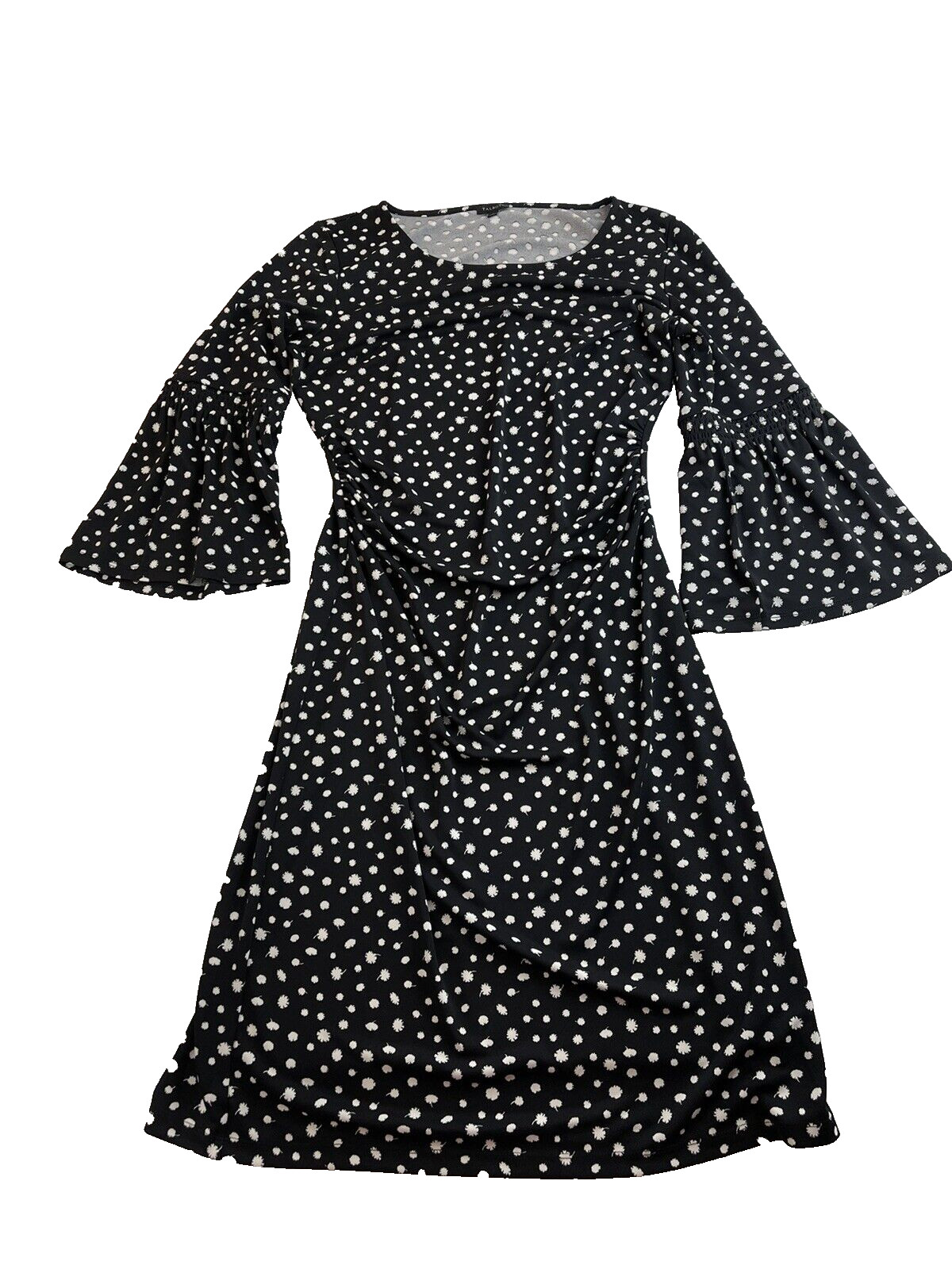 TALBOTS Black S Dress Leaves Print Gathered Ruching 3/4 Bell Sleeve Slip