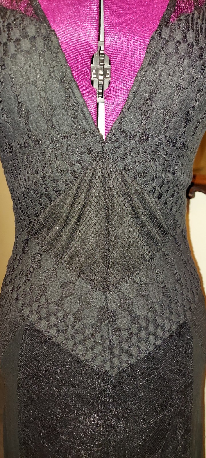 Black Multi-Design Mesh Lace Maxi Sheath Dress – Sz. M – Peek-a-Boo Back