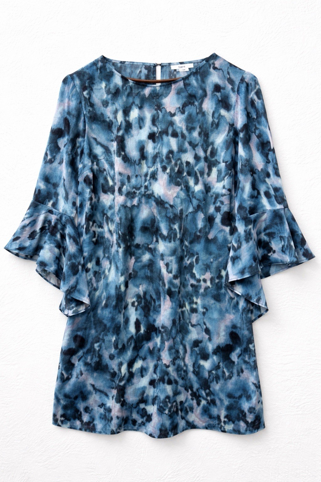 Bar III Blue Abstract Print Dress Women’s L Bell Sleeve Shift Mini Modern Party