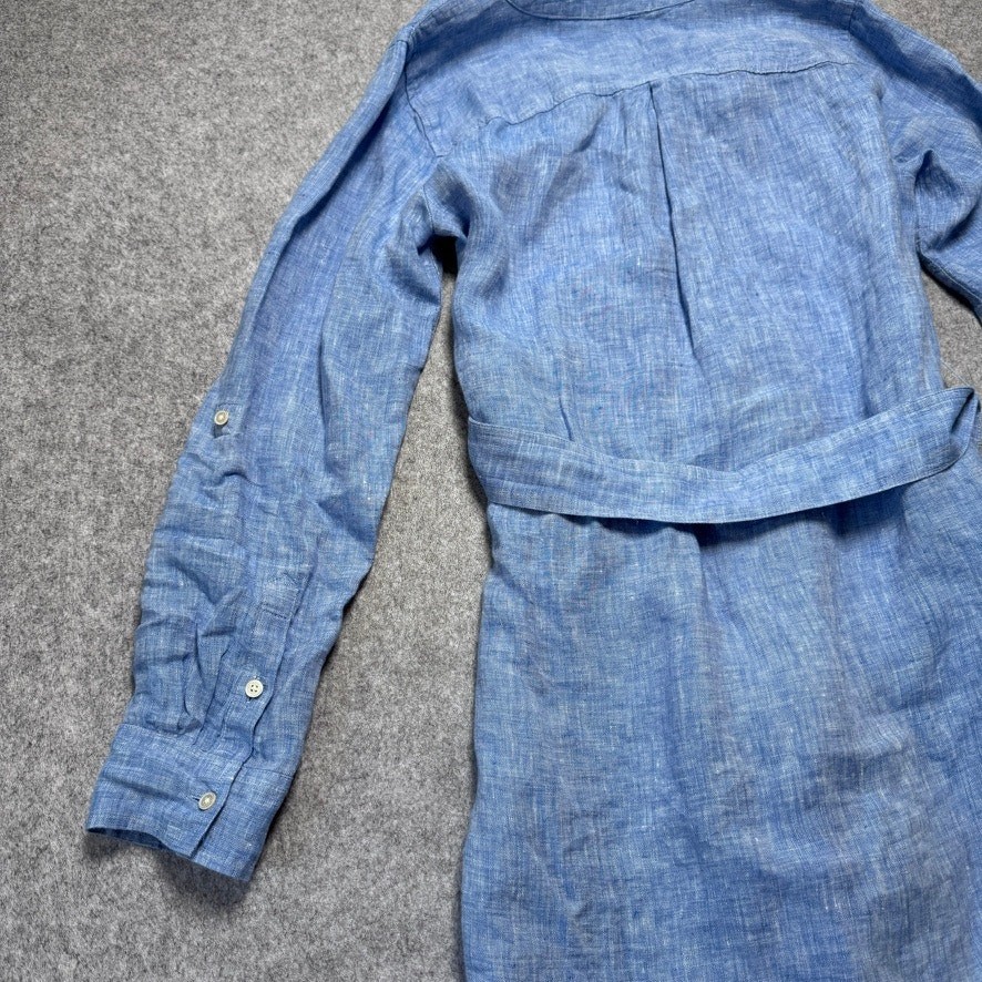Talbots Blue 100% Linen Belted Shirtdress Small Roll Tab Sleeve Coastal