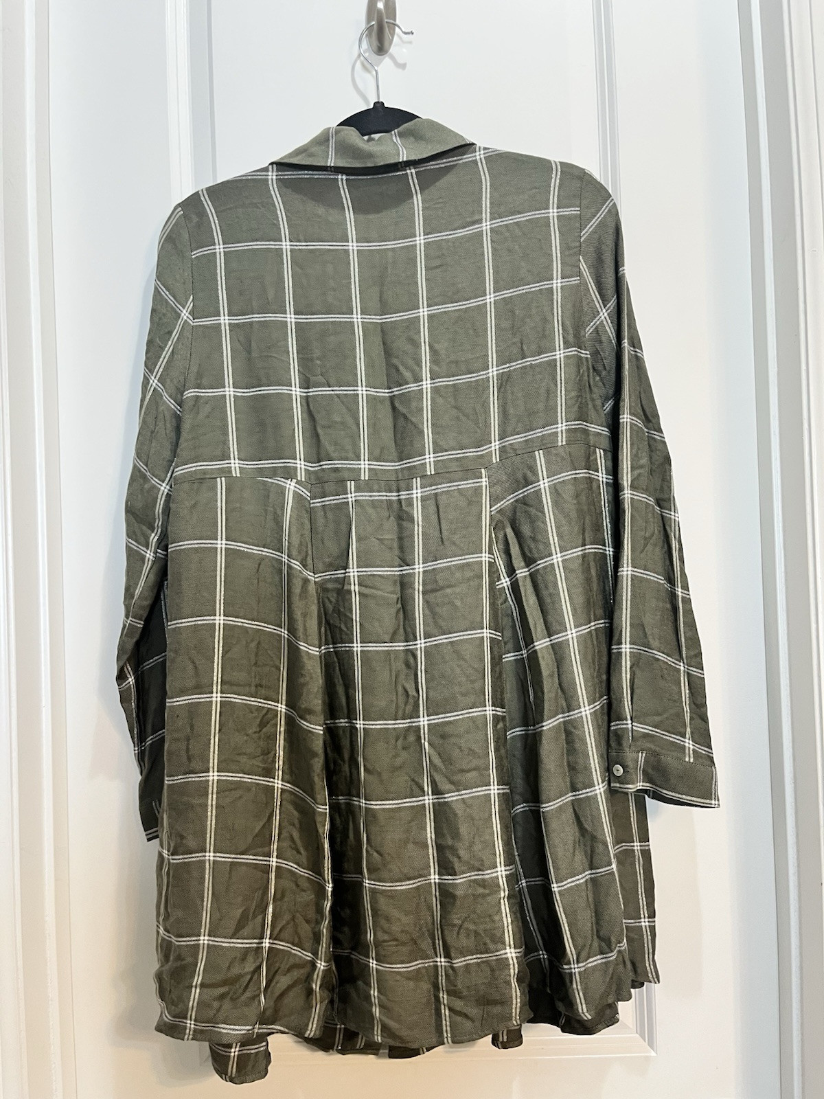 Zara Green Plaid Silver Sparkle Tunic Button Down Shirt Dress 3/4 Sleeves Med