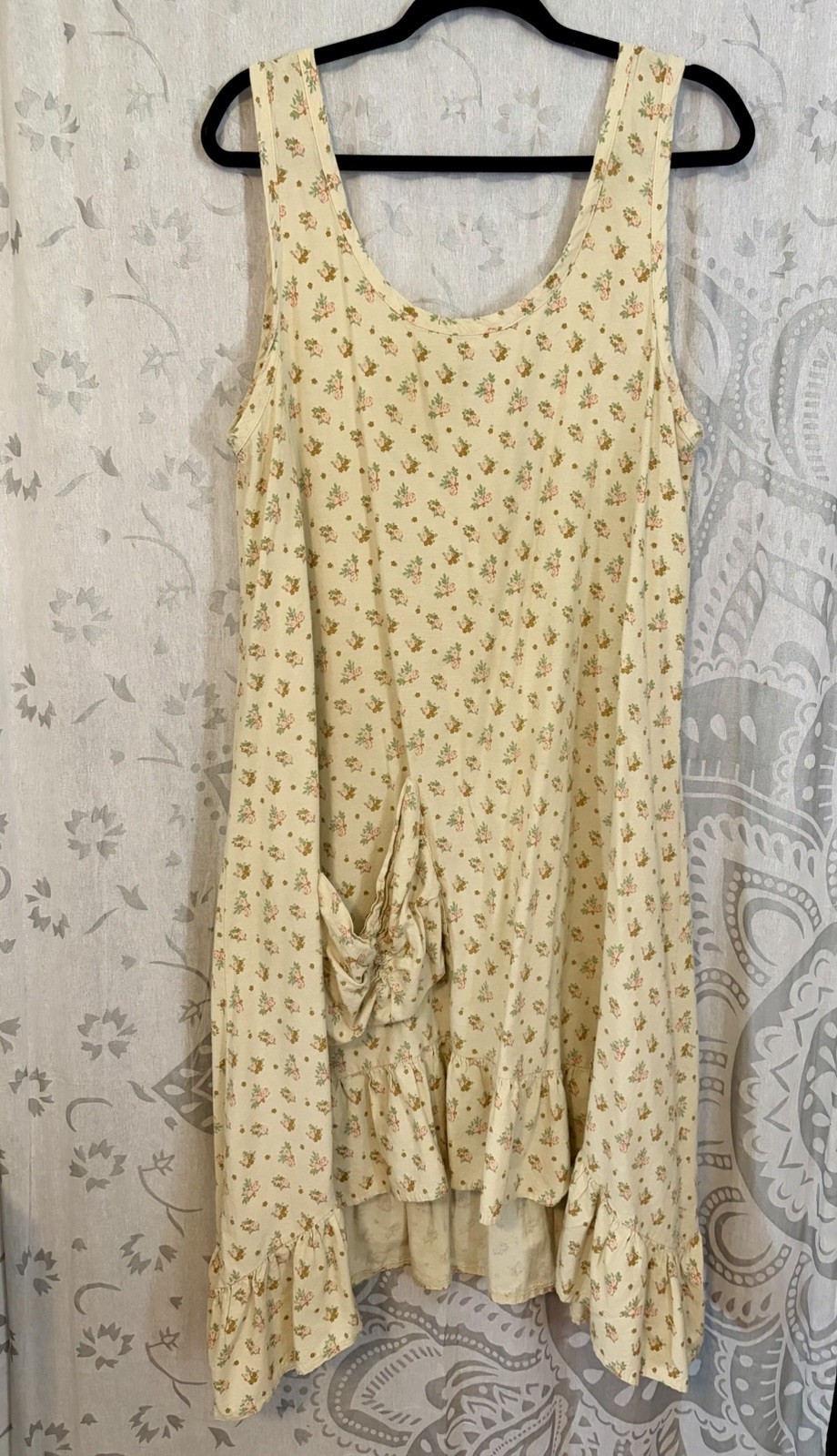 Jaded Gypsy Full Bloom Dress S/M Cream Floral Cotton Asymmetrical Ruffle Pocket