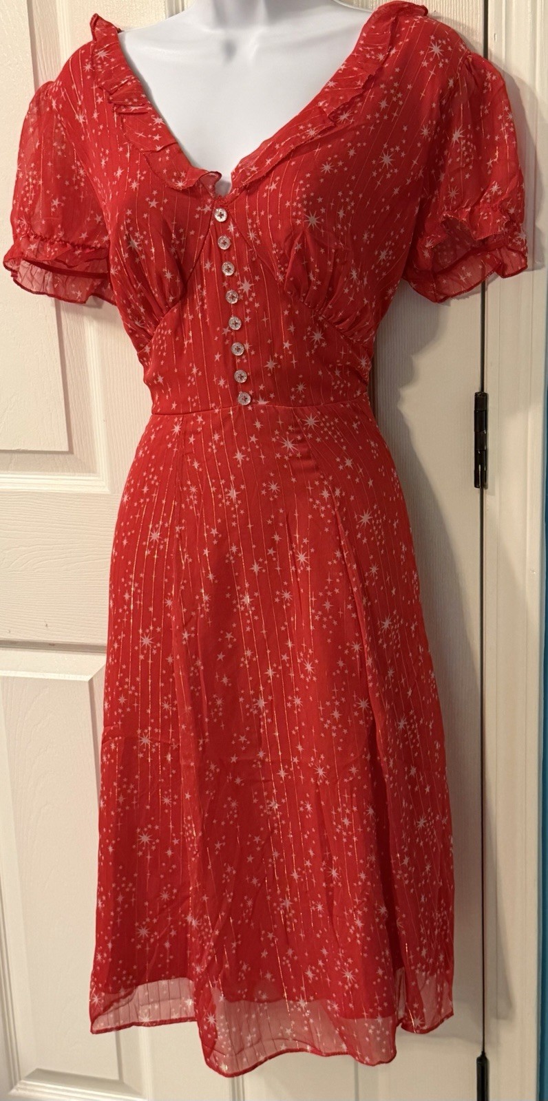 NEW Hell Bunny Red Sparkle Party Swing Dress Medium Holiday Pinup Stars 50s 60s