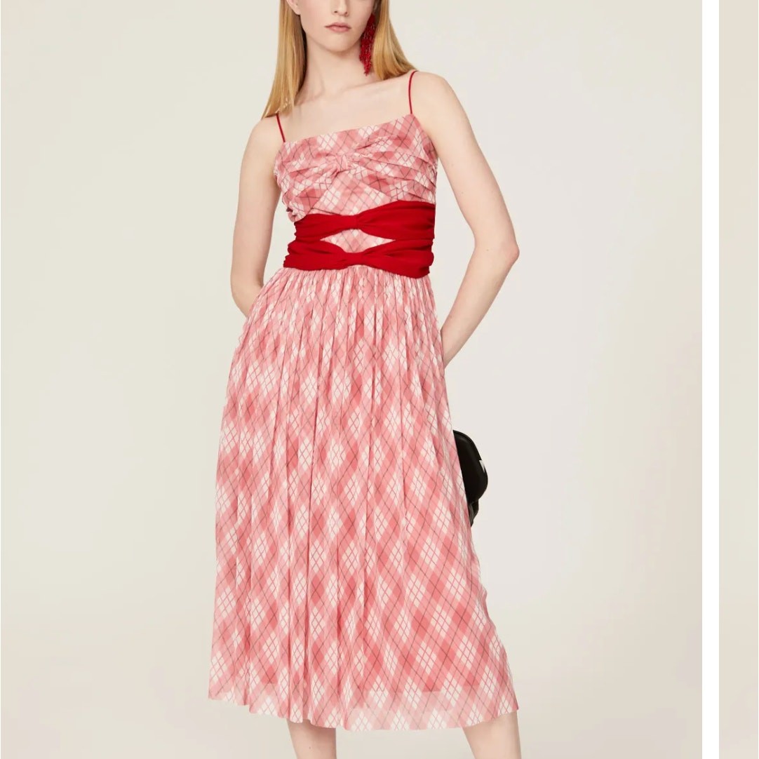 Adam Lippes Red Plaid Maxi Dress SIZE 8 Rockabilly Bow Mesh Slip Designer $375