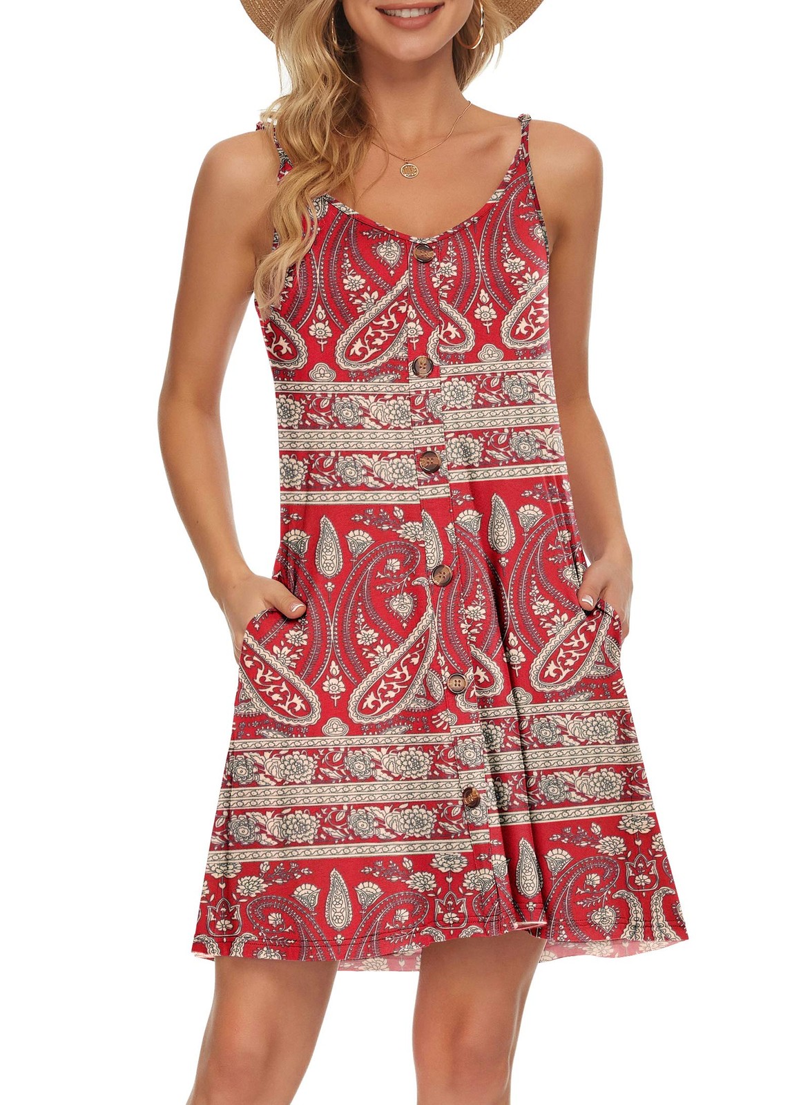 Women’s Summer Spaghetti Strap Button Down V Neck (L ,Boho Floral Red)