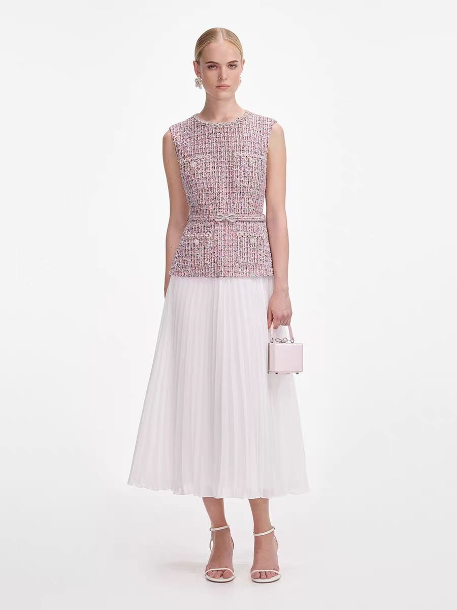 Self Portrait Tweed Two fake sleeveless patchwork pleated dresses