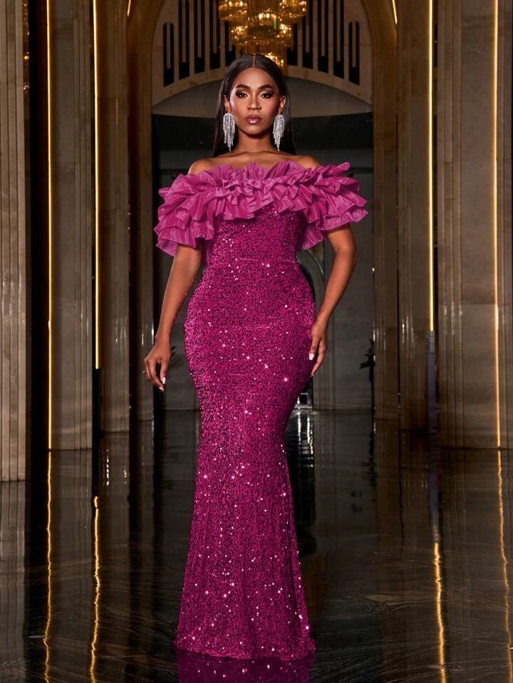 Layered Ruffle Trim Off Shoulder Sequin Mermaid Dress