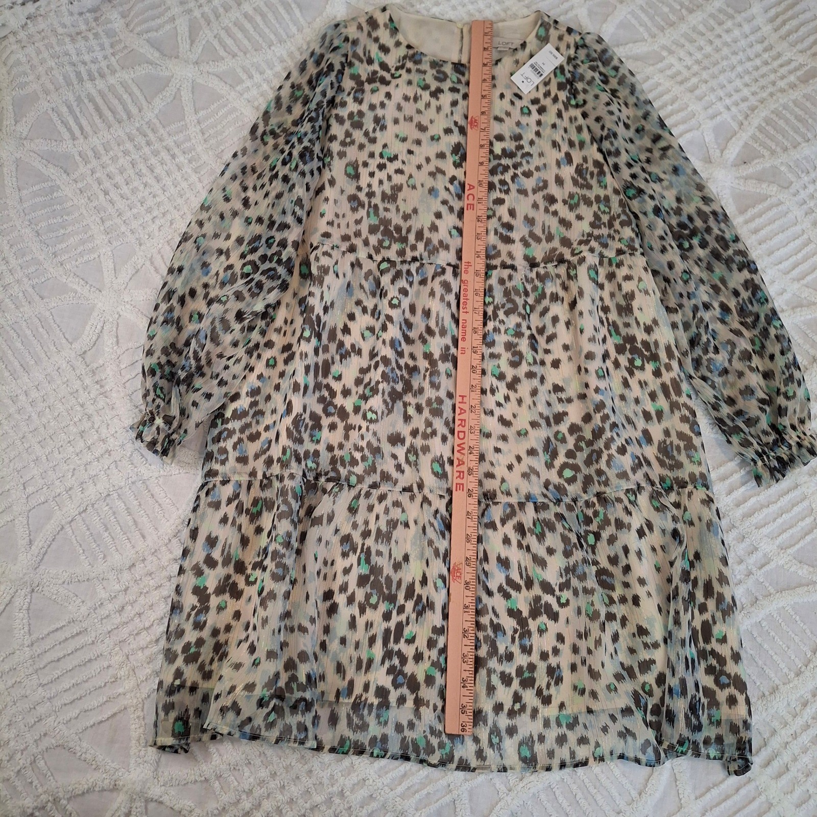 LOFT Medium Tiered Flounce Leopard Print Sheer Chiffon Long Sleeve Dress NWT