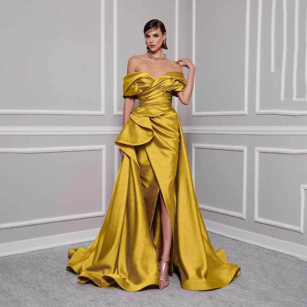 Red Elegant Evening dresses V-Neck Off the Shoulder Satin Pleating Side Split