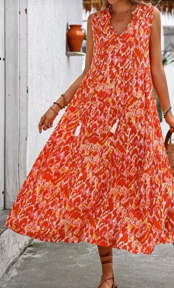 Vibrant Red And Orange Print Sleeveless Maxi Dress for Women- Vibrant Red,…