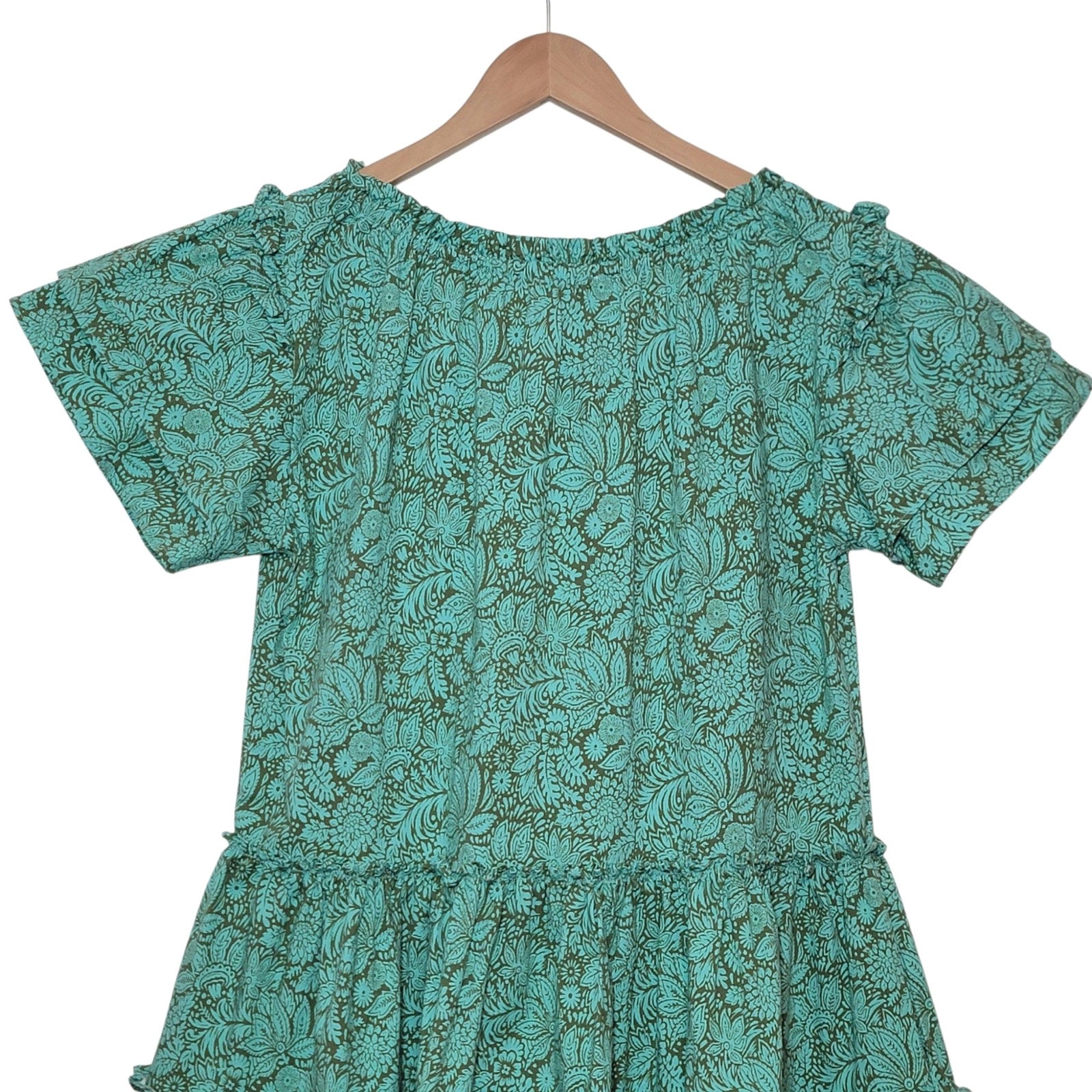 Sundance Liora Floral Leaf Cotton Tiered Ruffle Dress Short Sleeve Green S